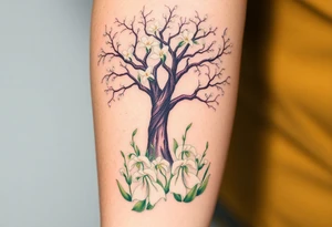 White flowering Lilly of the vally bell plants on the ground underneath a majestic blooming hawthorn tree tattoo idea