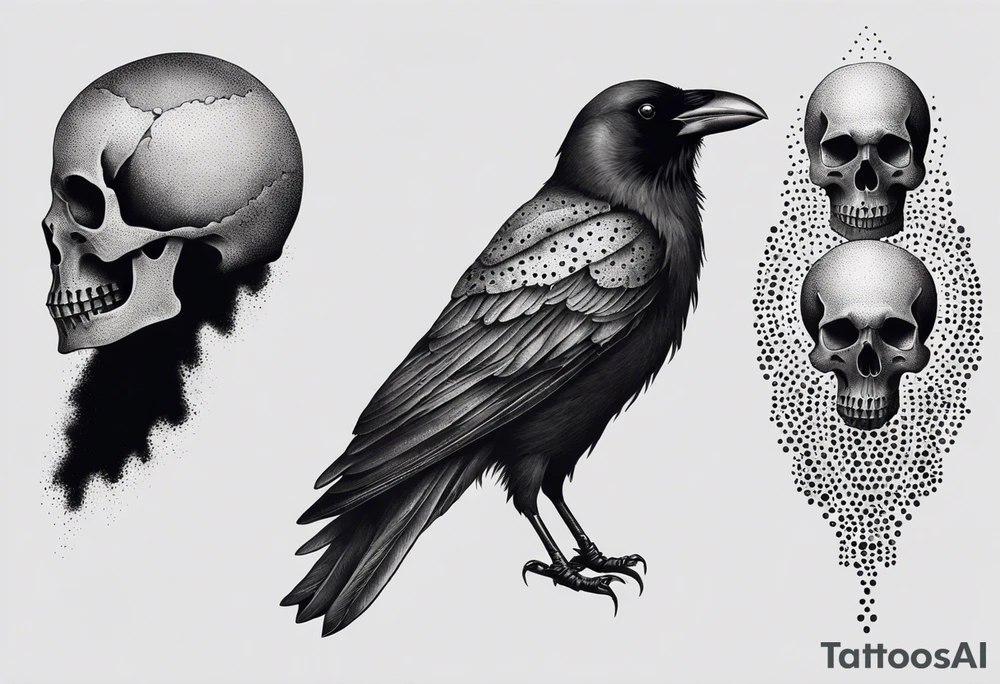 standing crow wearing a miniature human skull over it's head tattoo idea