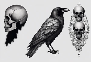 standing crow wearing a miniature human skull over it's head tattoo idea