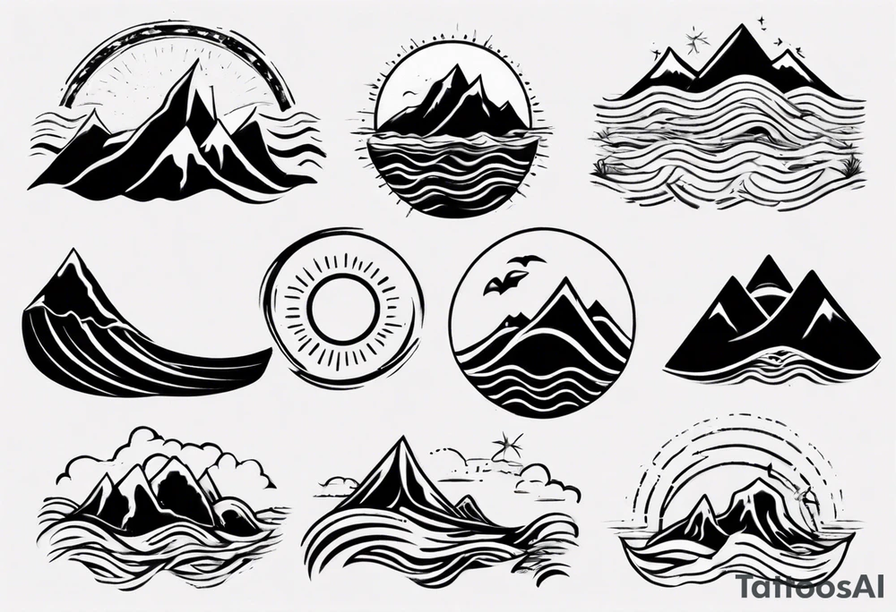 mountains, beach, waves, sun tattoo idea