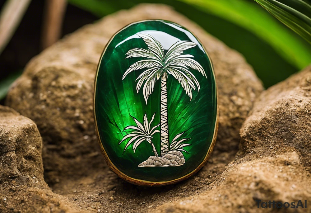 Tattoo: A striking Gachala emerald sits at the base of a tall quindio wax palm, which grows resiliently from cracks in rugged, rocky soil. The emerald is the main focal point, symbolizing strength and endurance, while the wax palm, rooted in the soil’s crevices, represents growth and resilience. A small water stream flows gently from the rocks, adding an element of life and nourishment. Style: Realism. tattoo idea