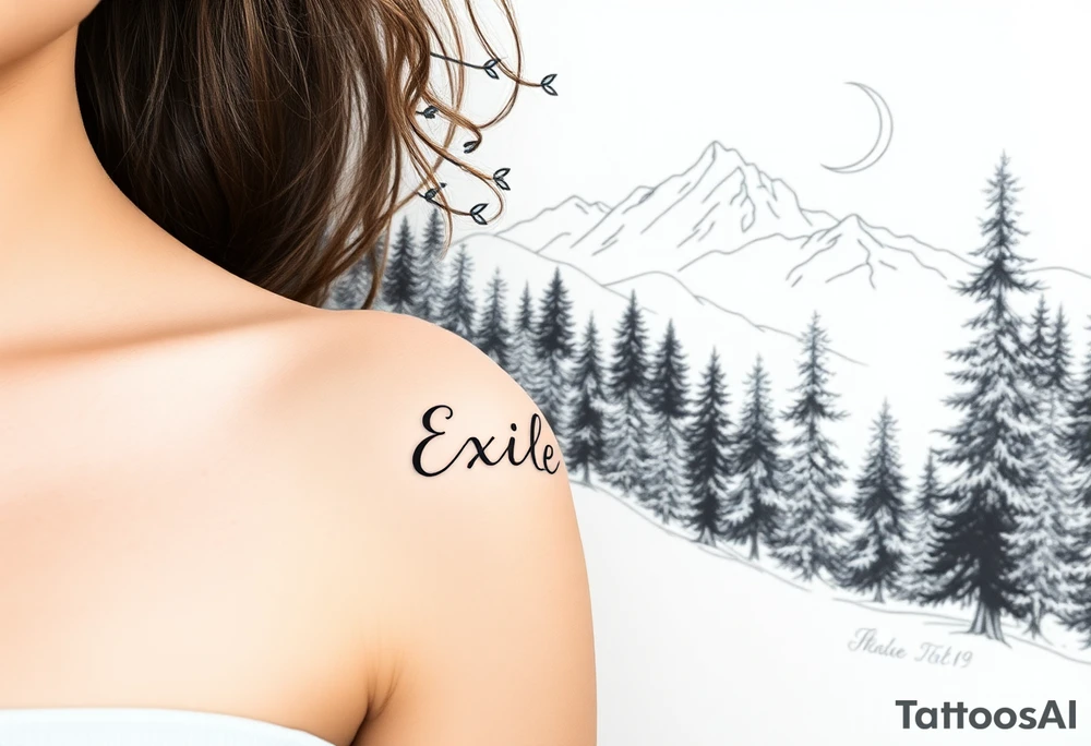 A path in the woods with mountains in the background. The word "Exile" blended in the drawing with font  IM Fell DW Pica Italic tattoo idea