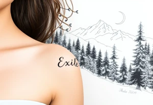 A path in the woods with mountains in the background. The word "Exile" blended in the drawing with font  IM Fell DW Pica Italic tattoo idea