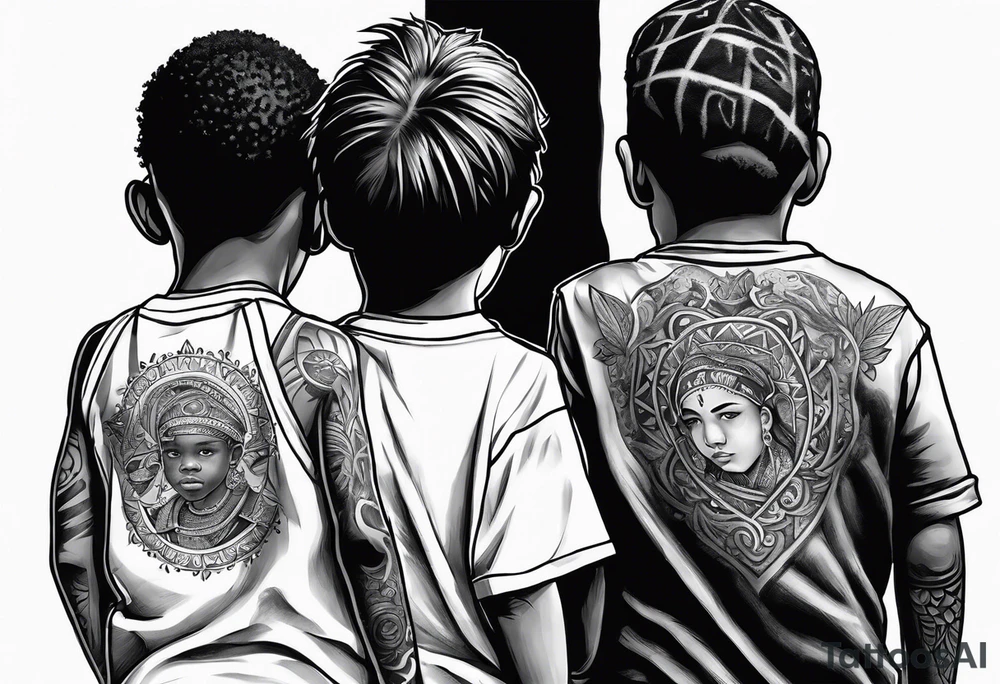 3 black school age brothers walking away together  you can see their full bodies and one is looking to the side showing the side of his face tattoo idea