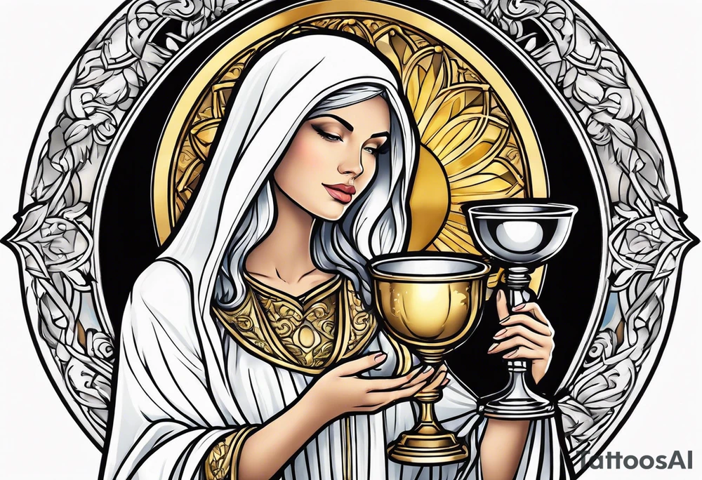 woman saint holding chalice surrounded by golden halo tattoo idea