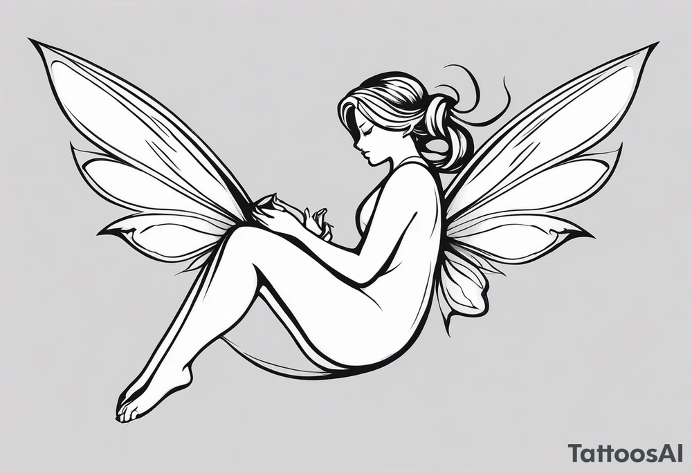 Minimalistic, monochromatic fairy with a tail flying to the left in a fetal position, leaning and looking in the same direction, with visible hands, embodying the 'Fairy Tail' logo aesthetic. tattoo idea