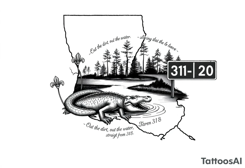Louisiana state outline with fleur-de-lis, a bayou with a gator and trees , the 318 area code and and quote that says  Out the dirt, out the water, straight from 318 , a sign that says I- 20 tattoo idea