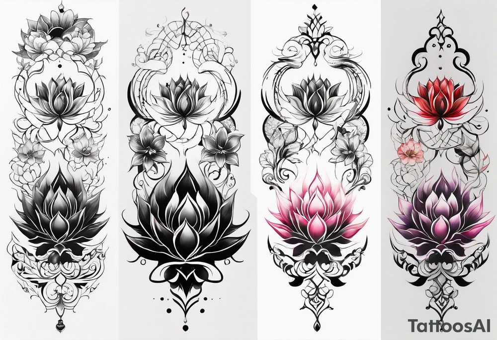 one vertical tattoo that combines lotus flower, phoenix and helix, strength and resilience symbols tattoo idea