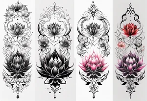 one vertical tattoo that combines lotus flower, phoenix and helix, strength and resilience symbols tattoo idea