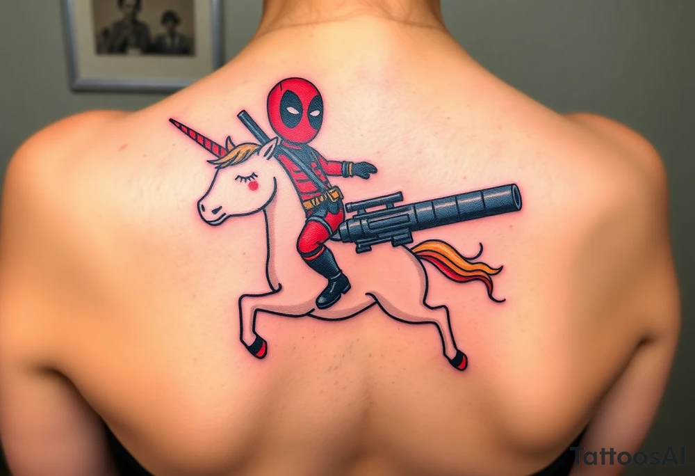 Deadpool riding unicorn pointing rocket propelled grenade launcher tattoo idea