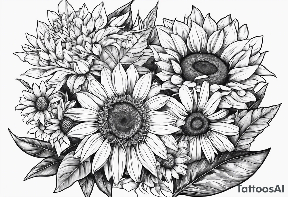 7 leaf pot leaf, daisies, and sunflowers cluster tattoo idea 7 leaf pot leaf, daisies, and sunflowers cluster tattoo idea