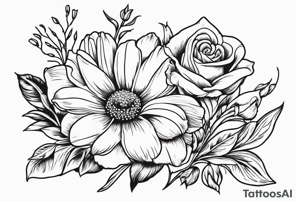 A daisy and a rose with gladiolus flowers weaving through tattoo idea
