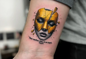 "Neni vsechno zlato, co se trpyti." — A shattered golden mask revealing a human face in grayscale beneath, with the quote in sleek black lettering along the jawline. tattoo idea