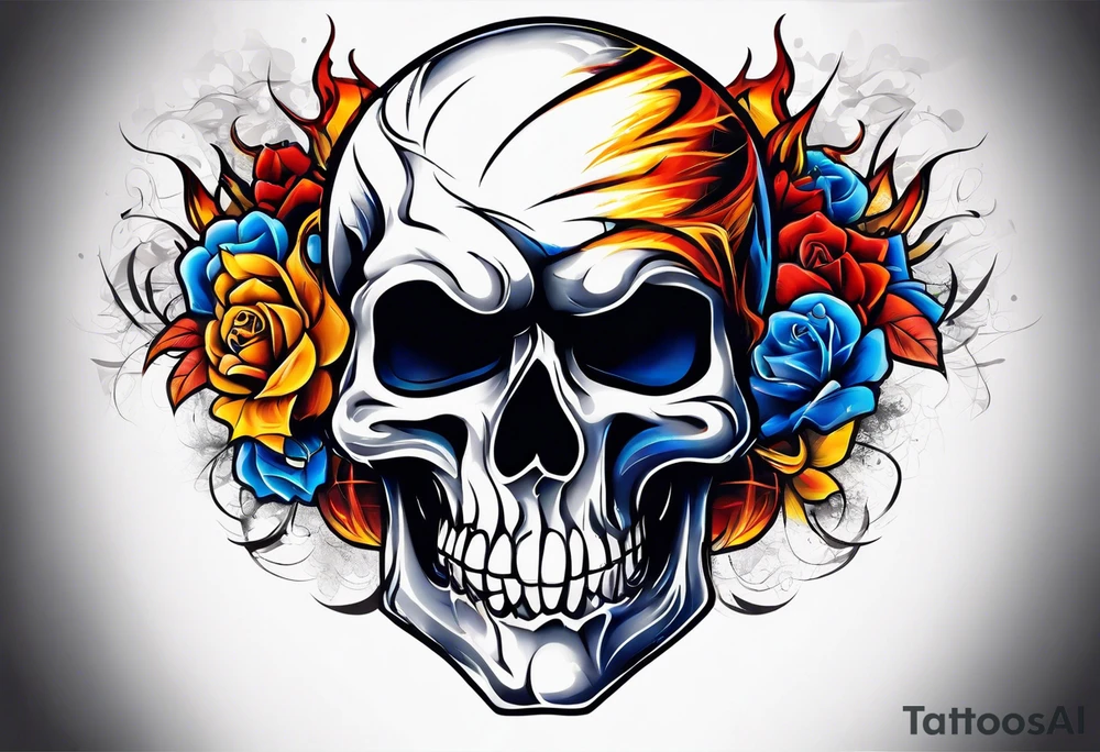 Broken skull red orange yellow blue smoke rope tattoo idea