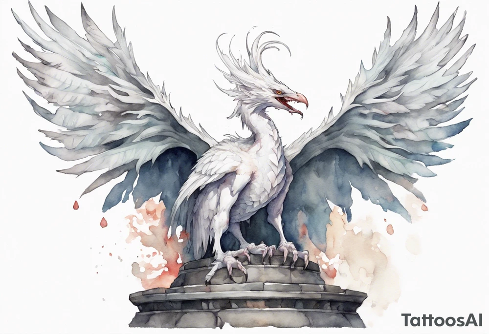a white bird-wyvern hybrid wearing a plain iron diadem, standing on a stone throne tattoo idea