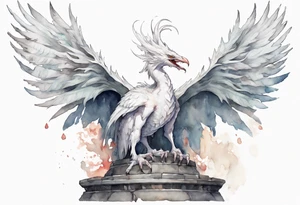 a white bird-wyvern hybrid wearing a plain iron diadem, standing on a stone throne tattoo idea