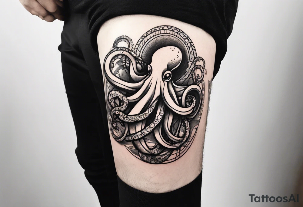 Full arm sleeve , road bicycle and octopus, black and white, color accents, fine line tattoo idea