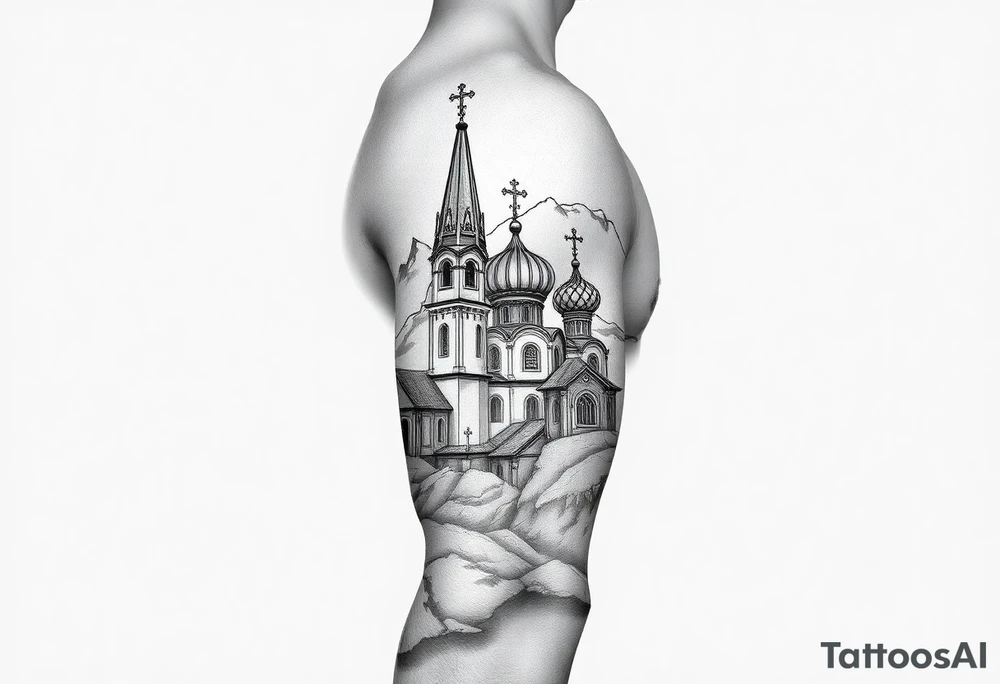 russian orthodox christian left arm tattoo with st basils cathederal in a mountainous setting tattoo idea