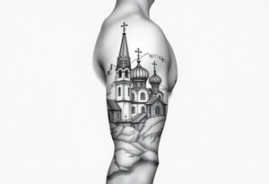 russian orthodox christian left arm tattoo with st basils cathederal in a mountainous setting tattoo idea