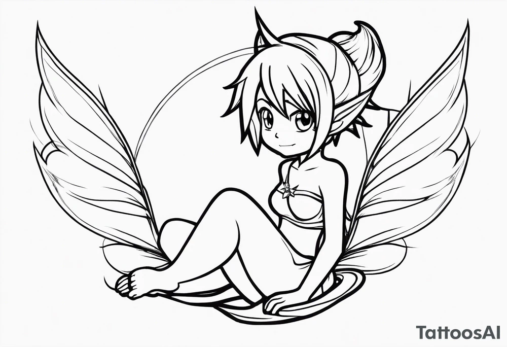 A fairy with a tail inspired by the logo of the show called Fairy Tail in a fetal position leaning in no additional ears or background tattoo idea