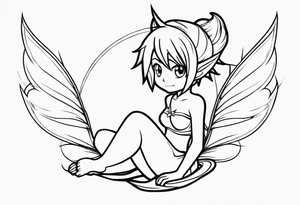 A fairy with a tail inspired by the logo of the show called Fairy Tail in a fetal position leaning in no additional ears or background tattoo idea