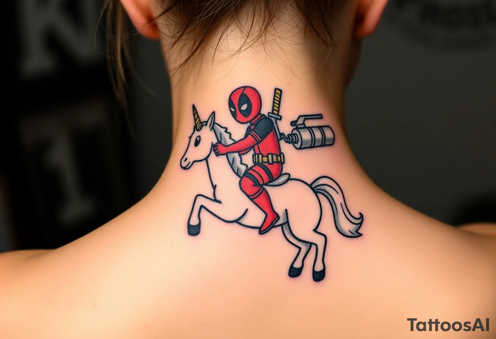 Deadpool riding unicorn pointing rocket propelled grenade launcher tattoo idea