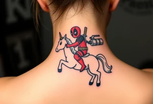 Deadpool riding unicorn pointing rocket propelled grenade launcher tattoo idea