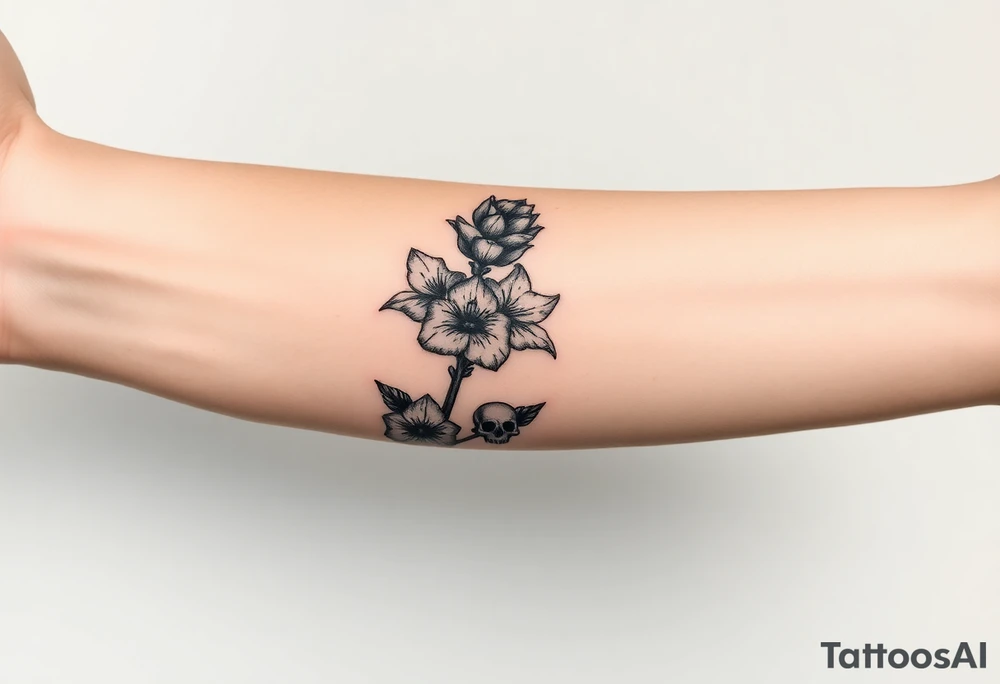 Aconitum flower going up the arm with details gothic style with skulls tribal tattoo idea
