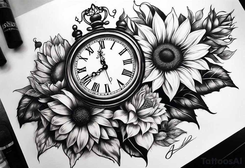 Sleeve with clock, sunflower and butterfly tattoo idea