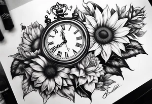 Sleeve with clock, sunflower and butterfly tattoo idea