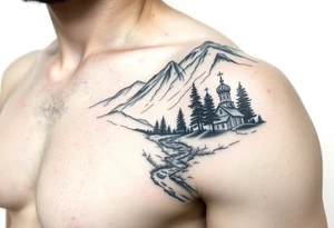 Mountainous valley with creek and a few trees with a Russian orthodox kazan scene covering my shoulder entering my upper arm tattoo idea