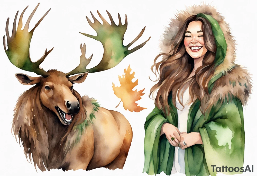a watercolor of a curvy woman with long brown hair and brown skin and green eyes wearing a fur cloak laughing riding a moose tattoo idea