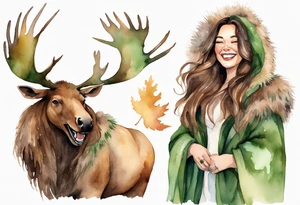 a watercolor of a curvy woman with long brown hair and brown skin and green eyes wearing a fur cloak laughing riding a moose tattoo idea