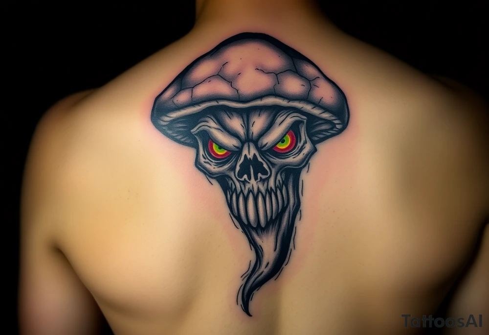 *"A realistic yet caricature-style human-faced mushroom, sinister demonic expression, glowing hollow eyes, jagged teeth, and wrinkled skin texture. Dark fantasy theme, black and blood-red ink with subtle green shadows (like bioluminescent decay).
Small tattoo design (5-7 cm), intricate shading (cross-hatching and stippling), inspired by Victorian grotesque illustrations and Tim Burton's style. Do not make it cute; focus on horror and uncanny vibes."* tattoo idea