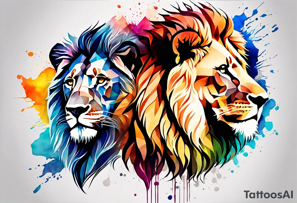 geometric Lion and Lioness Tattoo. Water Colour splash back. Lion on one side, Lioness on the other. Power and love tattoo idea