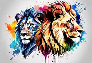 geometric Lion and Lioness Tattoo. Water Colour splash back. Lion on one side, Lioness on the other. Power and love tattoo idea