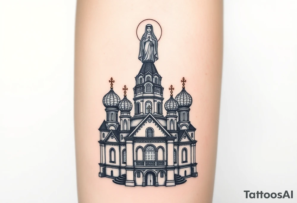 in a dorsal view a detailed orthodox church with onion domes and a band at the front with mist shrouding the top and fading into a virgin mary overlooking above at the top tattoo idea