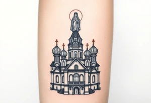 in a dorsal view a detailed orthodox church with onion domes and a band at the front with mist shrouding the top and fading into a virgin mary overlooking above at the top tattoo idea