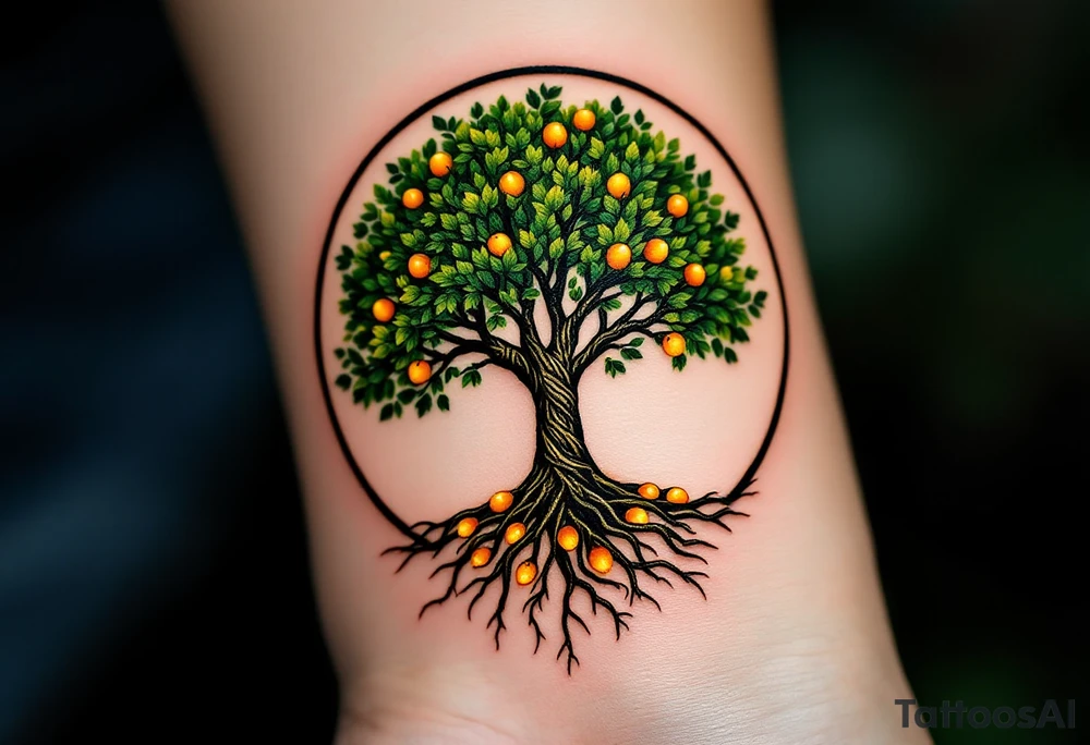 A forest green tree of life inside a round frame of braided roots and glowing amber fruits. tattoo idea
