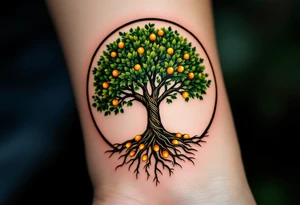 A forest green tree of life inside a round frame of braided roots and glowing amber fruits. tattoo idea