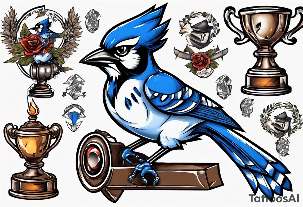 mean looking bluejay holding a trophy tattoo idea