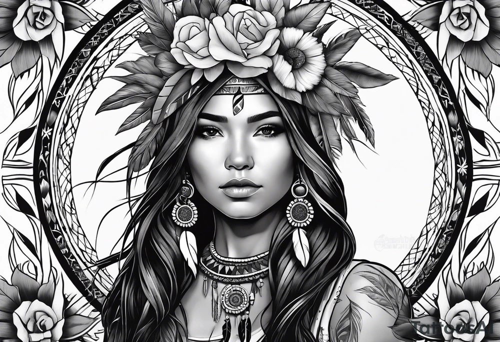 Native american girl, cancer, flowers, dream catcher, pacific island tattoo idea