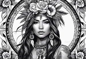 Native american girl, cancer, flowers, dream catcher, pacific island tattoo idea