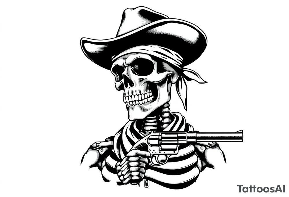 skeleton old west cowboy with a face bandana and revolver tattoo idea