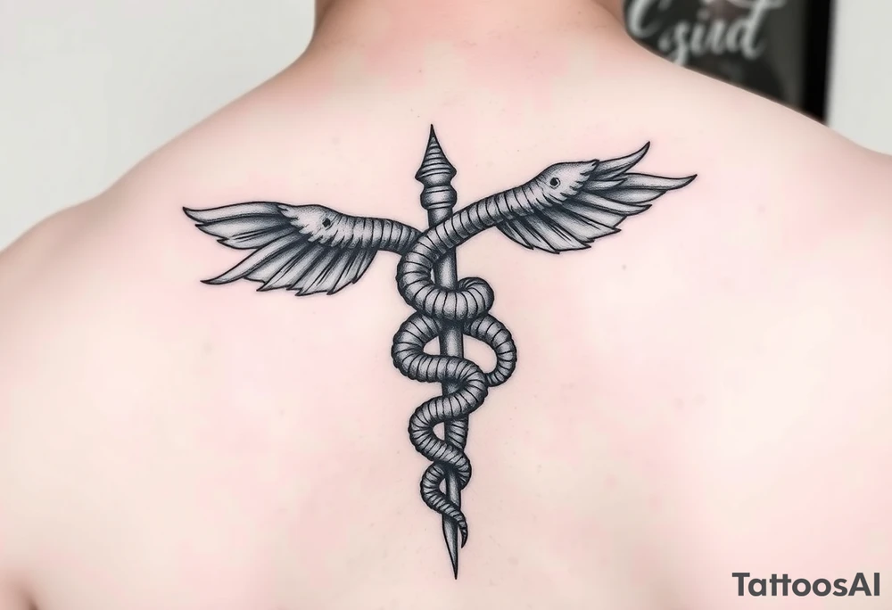 caduceus style Dune sandworm tattoo on the back tattoo idea