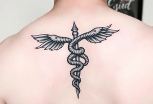 caduceus style Dune sandworm tattoo on the back tattoo idea