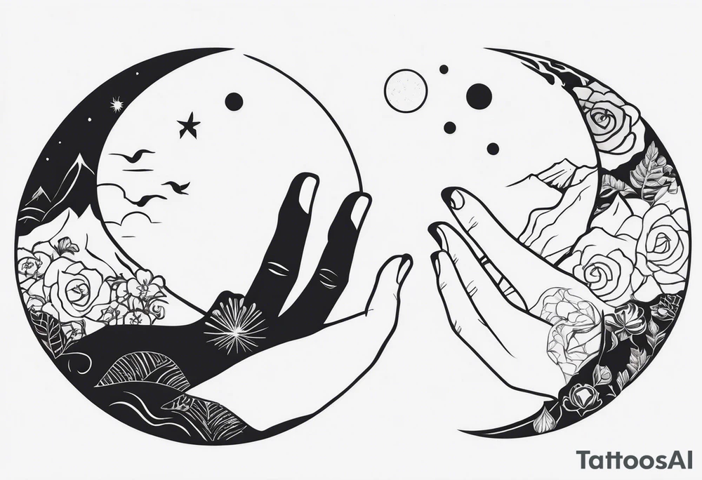 Rock hands in Ying yang, masculine and feminine, nothing dies everything transforms, nurture over nature tattoo idea
