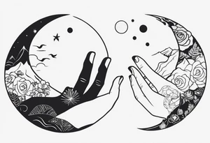 Rock hands in Ying yang, masculine and feminine, nothing dies everything transforms, nurture over nature tattoo idea