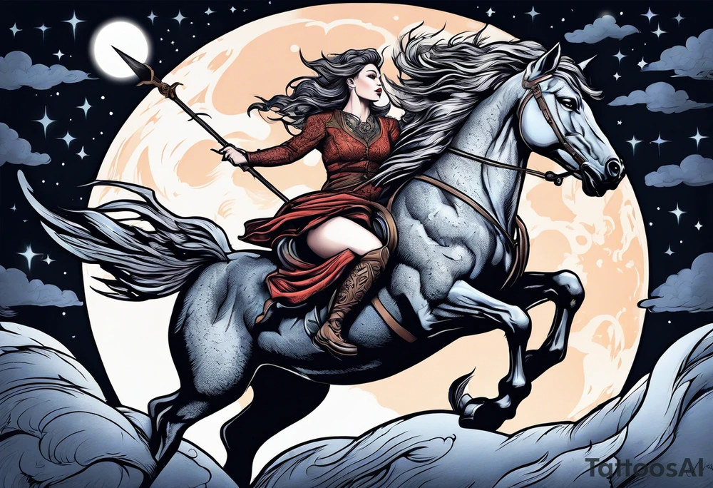Edgy woman riding a Pegasus fighting a werewolf under a full moon tattoo idea