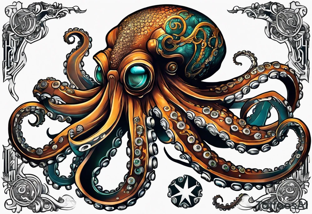 Octopus, machine, diesel engine, submarine tattoo idea